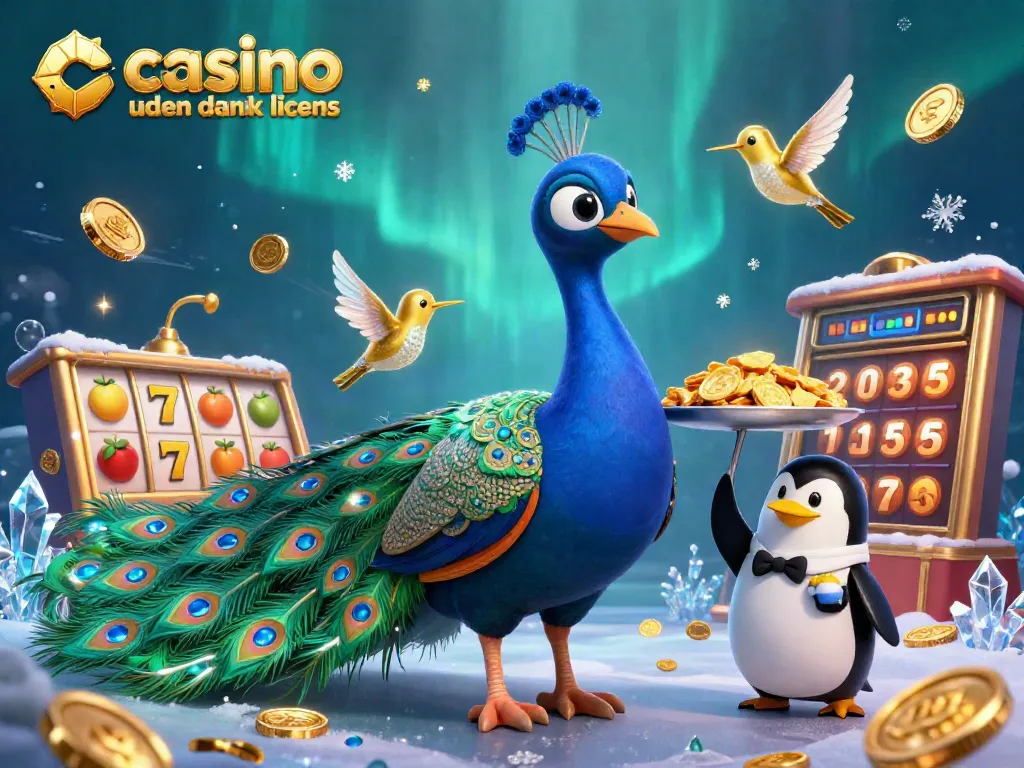 Experience casino uden dansk licens with a lively scene of slot reels, peacock, and golden coins.