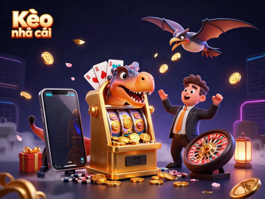 Engage with Kèo nhà cái as a pachycephalosaurus hits the jackpot, surrounded by dynamic casino elements.