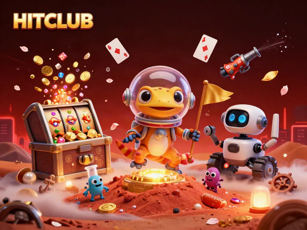 Experience the excitement of HITCLUB with a playful Martian gecko exploring a golden casino amid vibrant gaming elements.