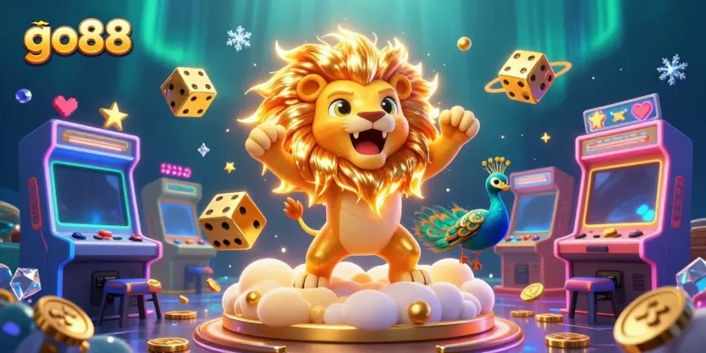 Engage with the exciting world of go88, where a roaring sun lion and golden dice illuminate a casino adventure.