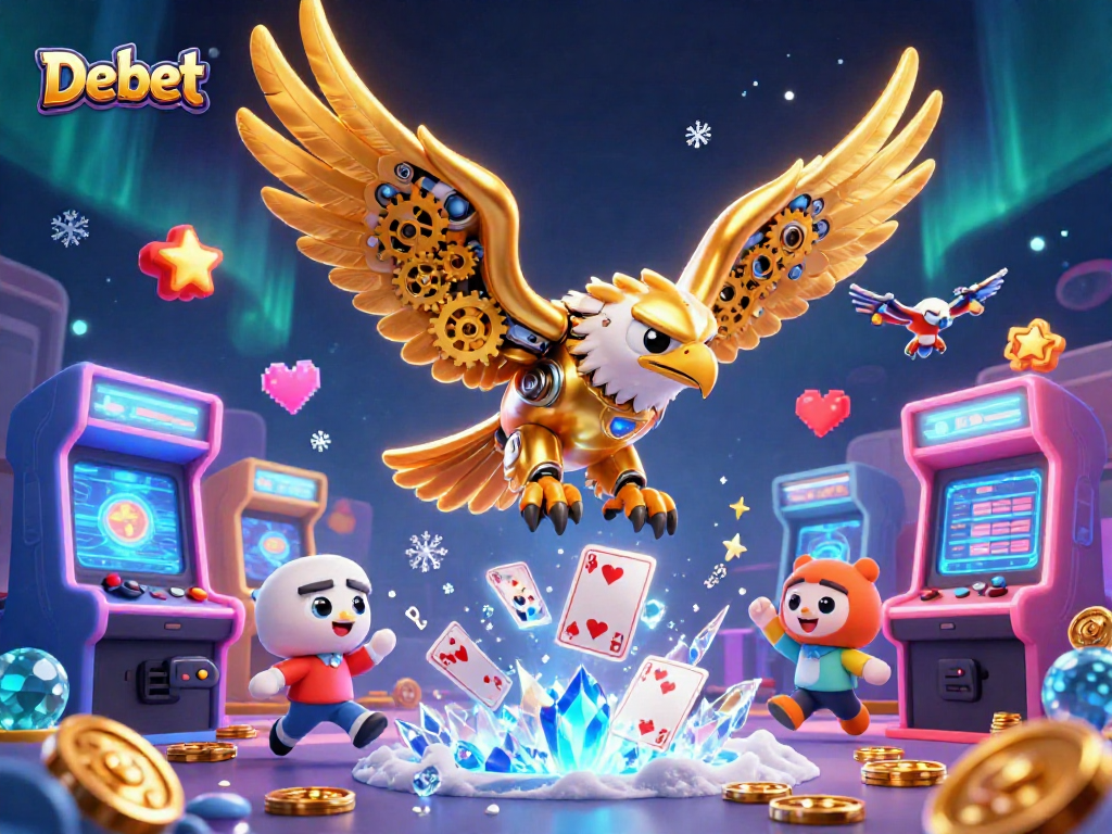 Debet's cybernetic golden eagle soaring through holographic cards in an energetic casino scene.