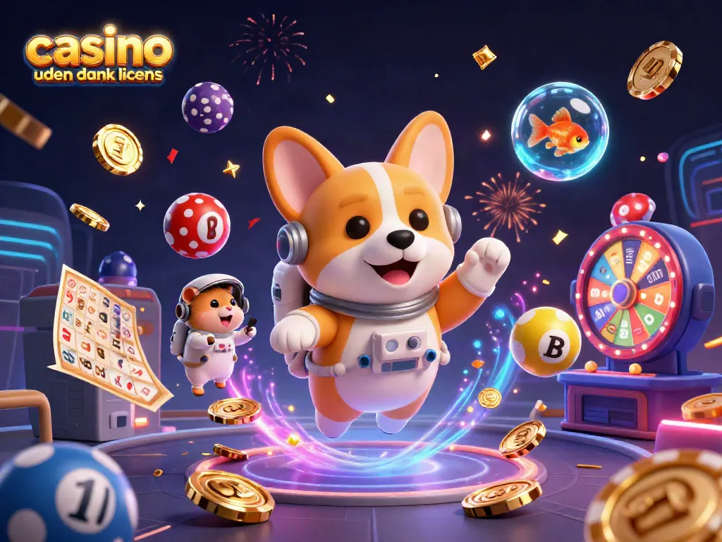 Experience casino uden dansk licens fun with a cartoon astronaut corgi, goldfish, and hamster in this vibrant space scene.