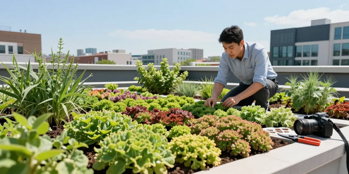 Mooie sedumdak dakbedekking installatie met kleurrijke planten in een stedelijke omgeving.