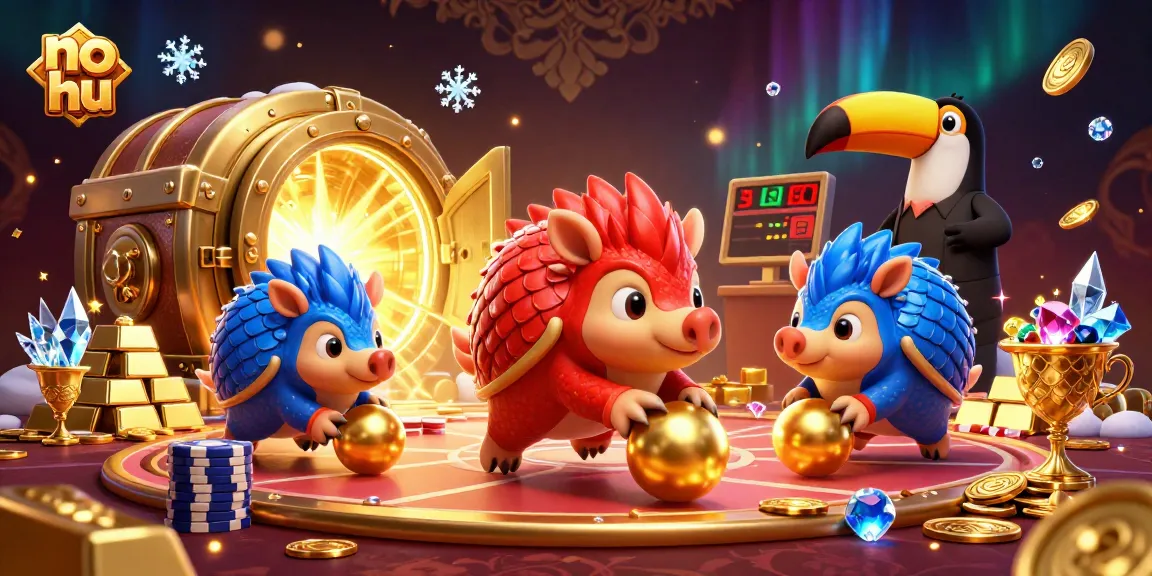 Experience the thrill of no hu as rival pangolins roll through golden balls and poker chips in this vibrant illustration.