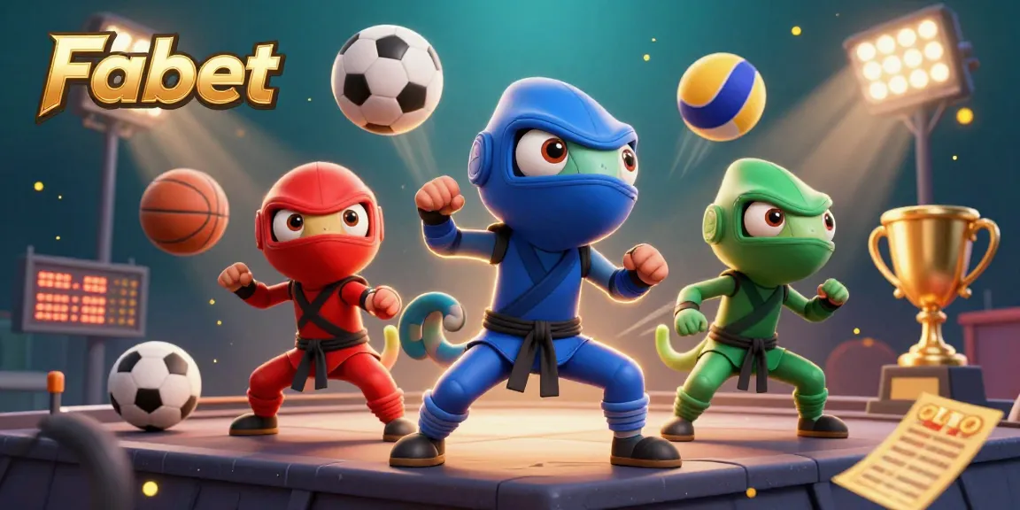 Experience the excitement at Fabet with a dynamic scene of 3D ninja chameleons showcasing their skills amidst flying sports balls and golden rewards.