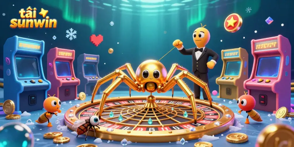 Experience gaming excitement with tải sunwin featuring a golden spider, colorful arcade machines, and vibrant game elements.