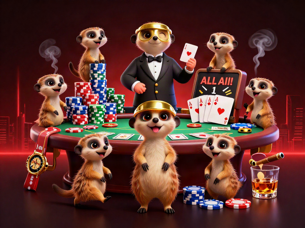 Meerkats managing a lively casino scene, showcasing poker tables and colorful chips at 78wincom.
