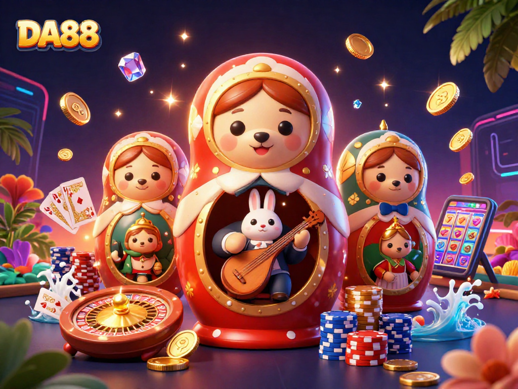 DA88 welcomes players with vibrant casino fun, showcasing spinning slots and colorful poker chips.