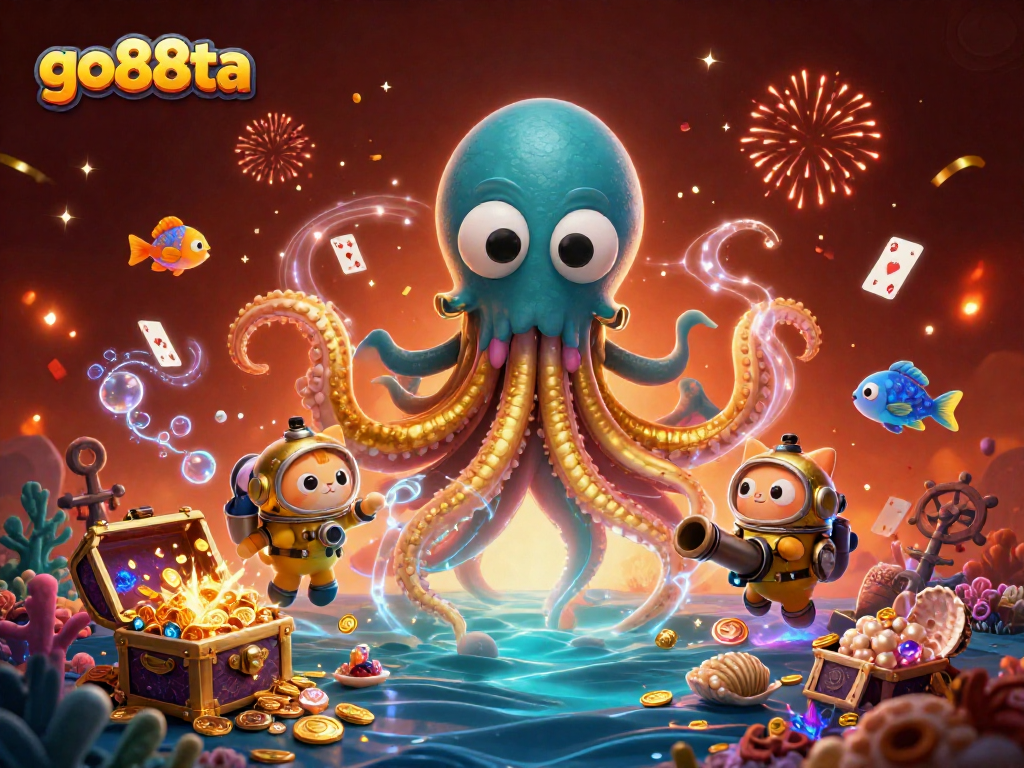 Experience go88ta thrills with an intricate scene featuring kraken, diving cat, and treasure.