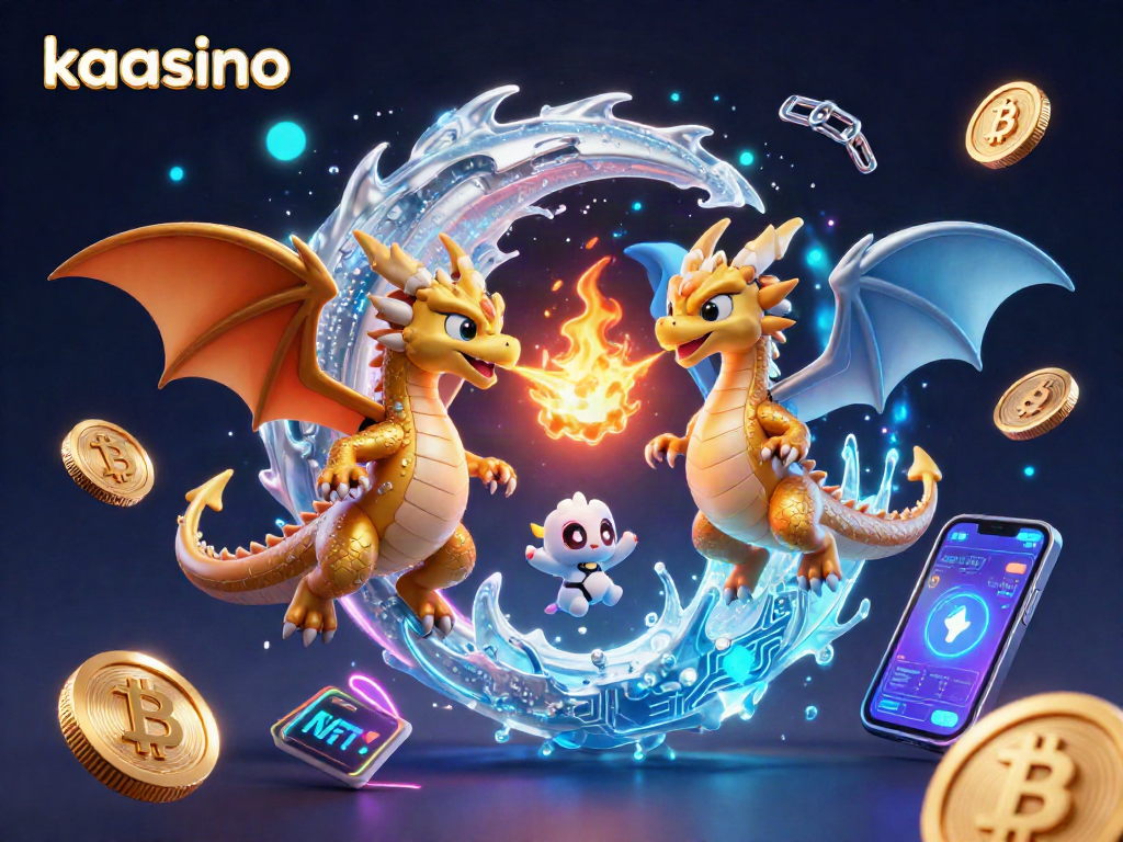 Kaasino features a dynamic scene with gold and silver dragons, Bitcoin, and Ethereum coins amid vibrant gaming elements.