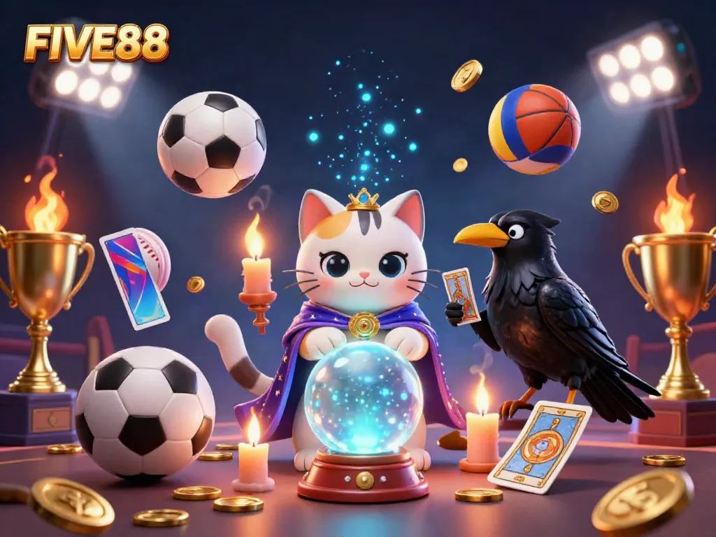 Experience the thrill of FIVE88's online casino with a captivating illustration featuring mystical characters and dynamic sports betting elements.