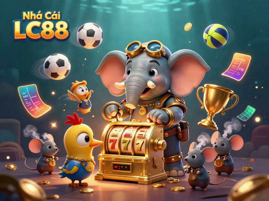 Engage with Nhà Cái LC88 through vibrant casino elements featuring a steampunk elephant engineer and golden slots.