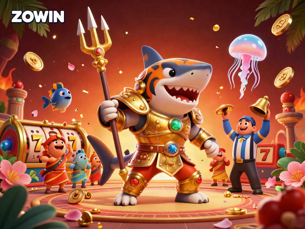 ZOWIN immerses players in an underwater colosseum with a tiger shark gladiator and vibrant casino elements.