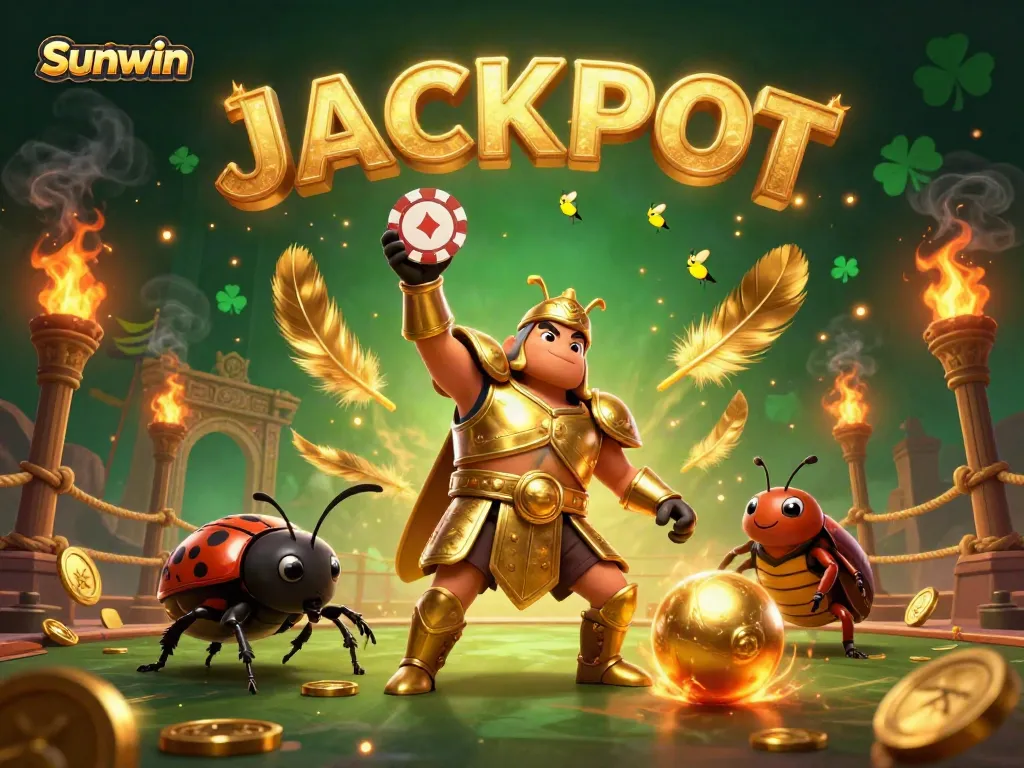 Experience casino excitement with Sunwin as heroic characters celebrate a jackpot win in vibrant 3D illustration.