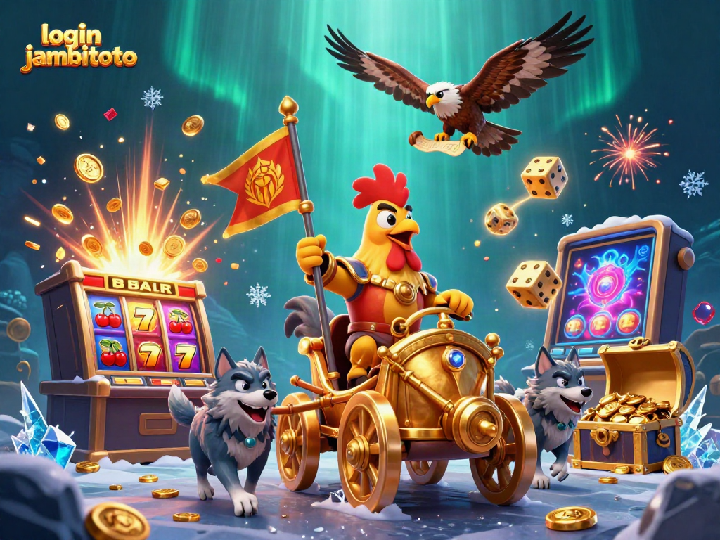Join the fun at login jambitoto with a vibrant scene featuring a rooster warlord in a casino-themed adventure.