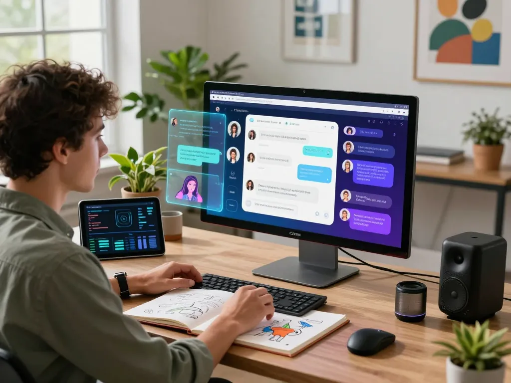 Engaged user exploring juicy ai chatbot interface in a modern tech workspace with colorful elements.