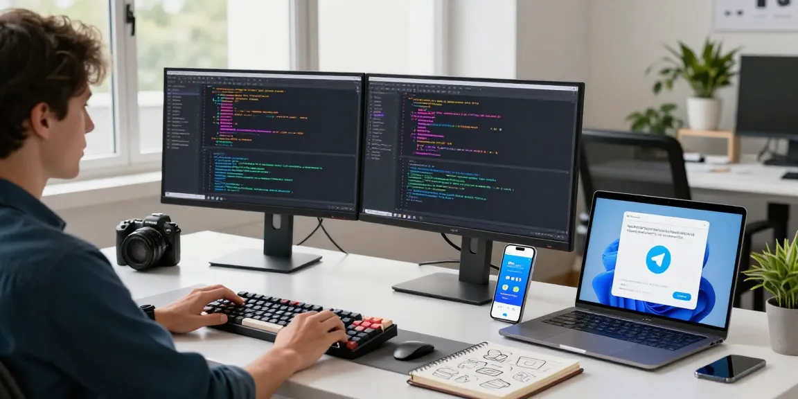 Download Telegram on a developer's workstation with vibrant code and tech gadgets in a modern office.