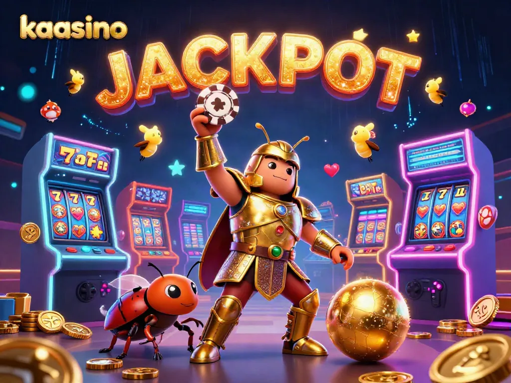 Kaasino features a victorious hercules beetle and vibrant casino elements celebrating a gaming win.