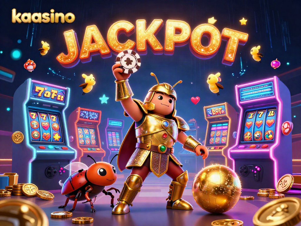 Kaasino features a victorious hercules beetle and vibrant casino elements celebrating a gaming win.