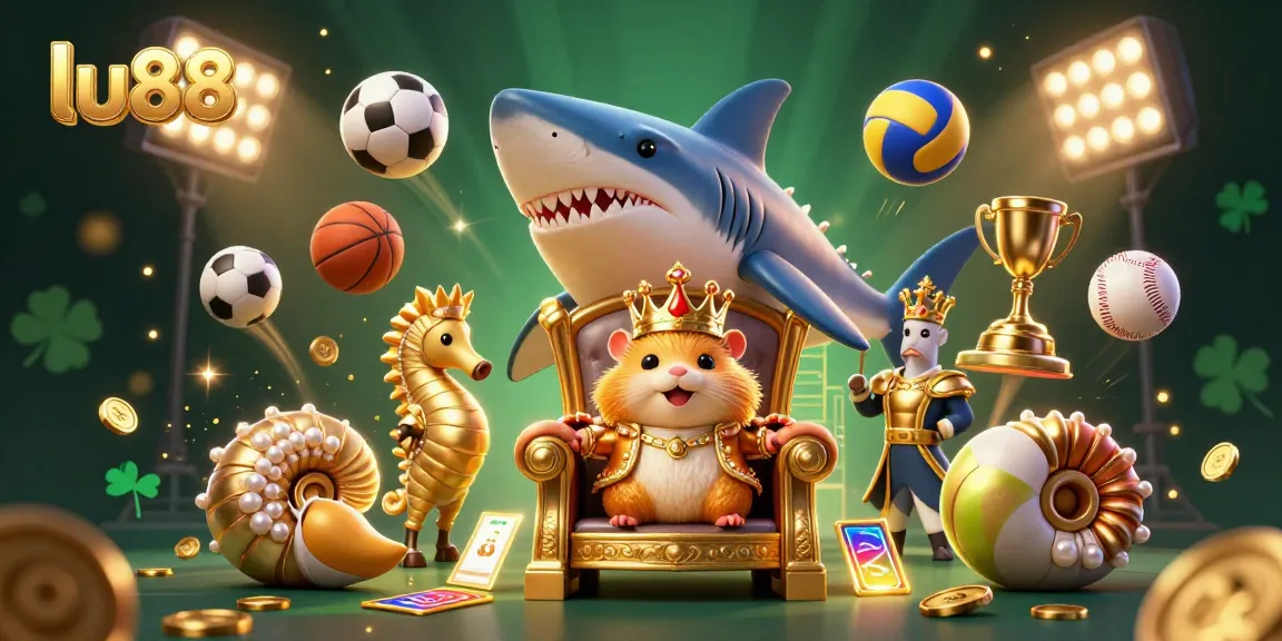 Experience thrilling gameplay at lu88 with a golden hamster king and seahorse guards in this vibrant casino scene.