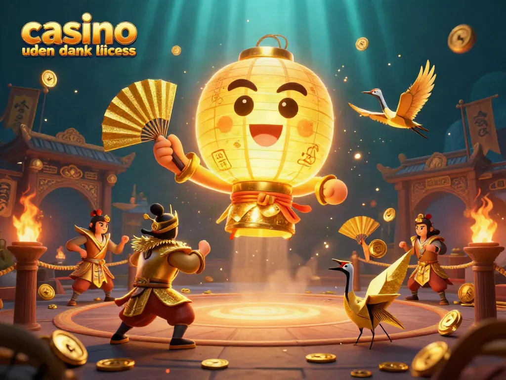 Engage with casino uden dansk licens through a vibrant scene of a golden lantern spirit and warriors.
