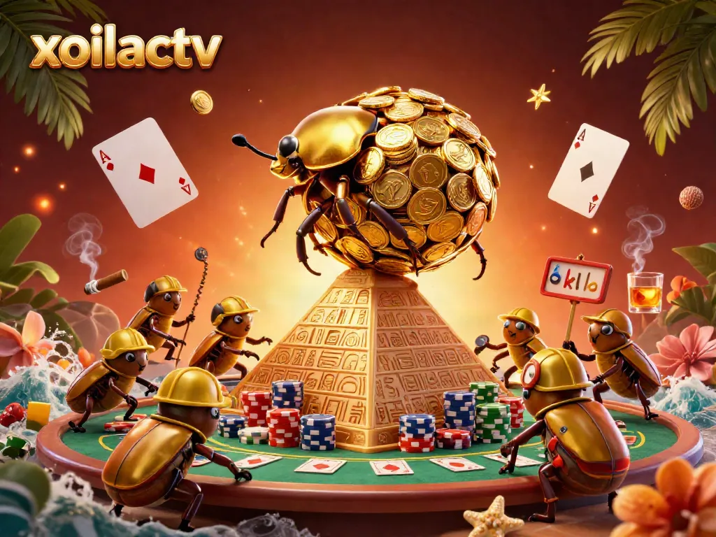 Xoilactv showcases a vibrant 3D illustration with beetles and golden coins, immersing viewers in a dynamic gaming atmosphere.