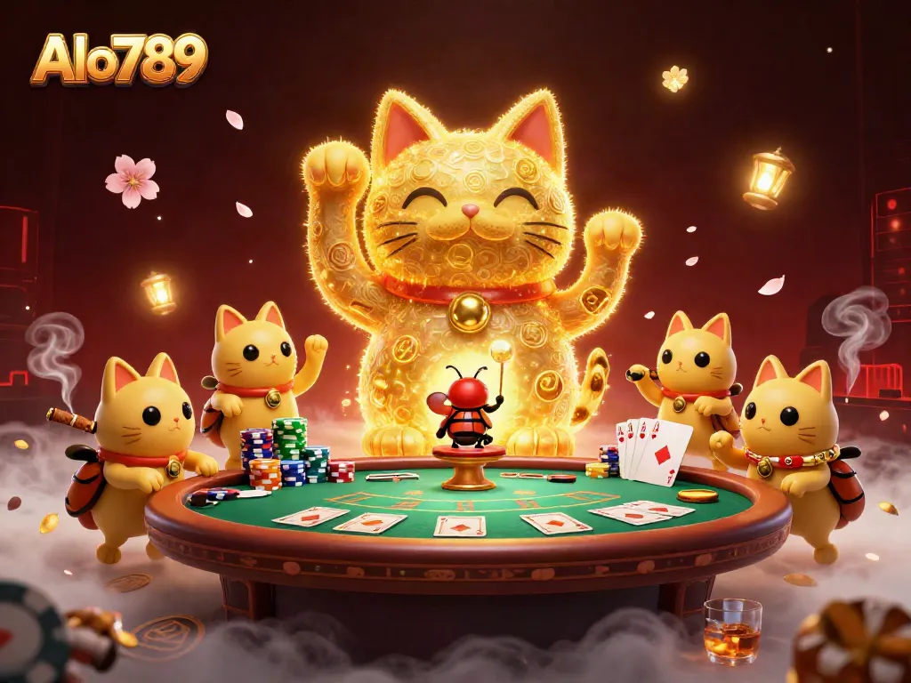 Alo789 showcases a vibrant lucky cat illustration with poker elements captivating gamblers.