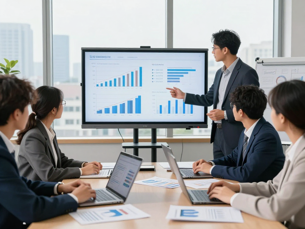 Professionals bespreken zakelijke leningen met grafieken en data in een modern kantoor