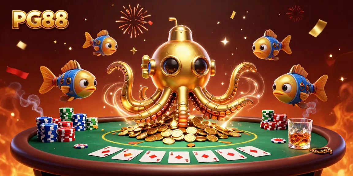 Experience PG88's thrilling underwater casino adventure with a golden kraken submarine, poker chips, and vibrant celebrations.