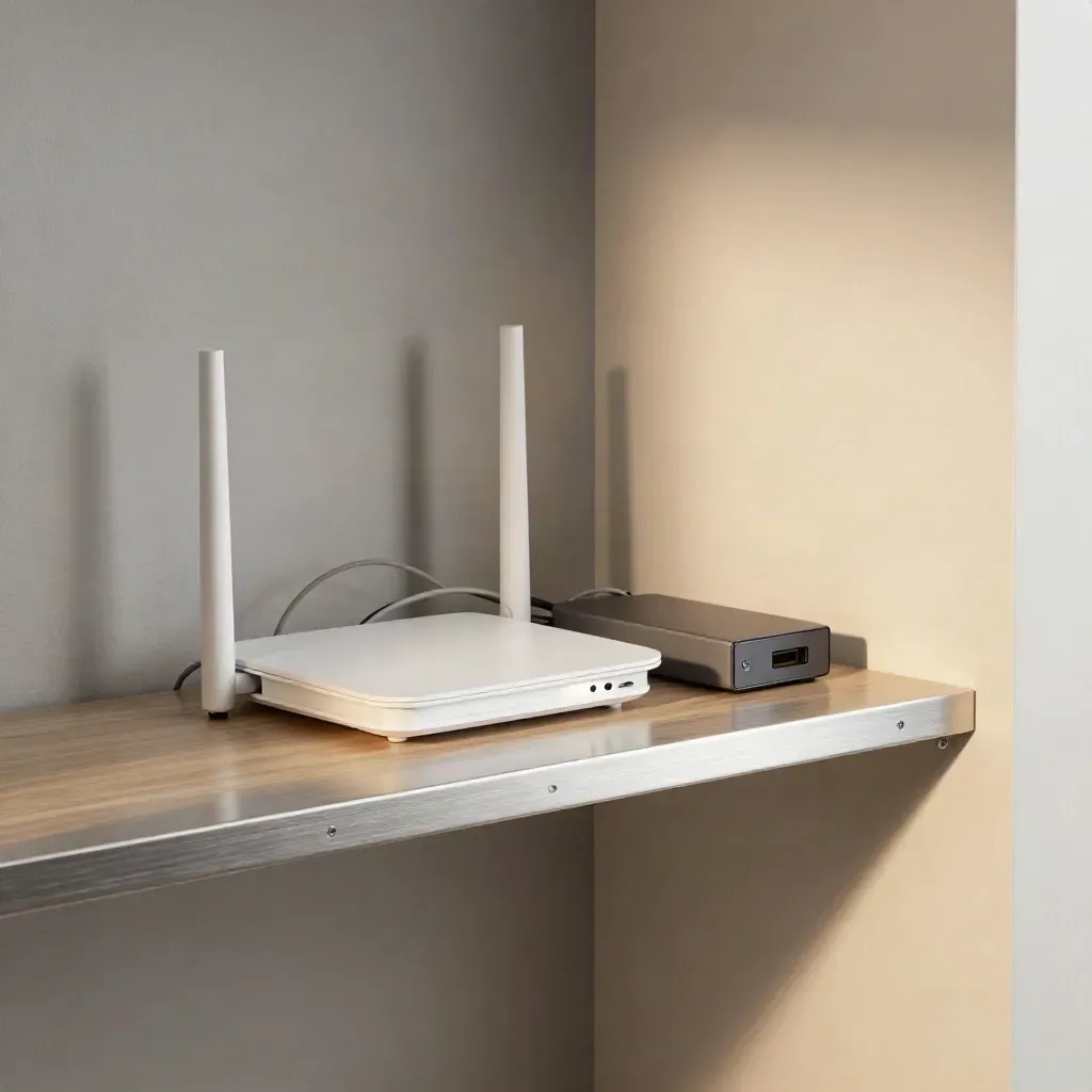Moderne kantoorhoek met router, back-updrive en glasvezelkastje op een lichte houten plank.