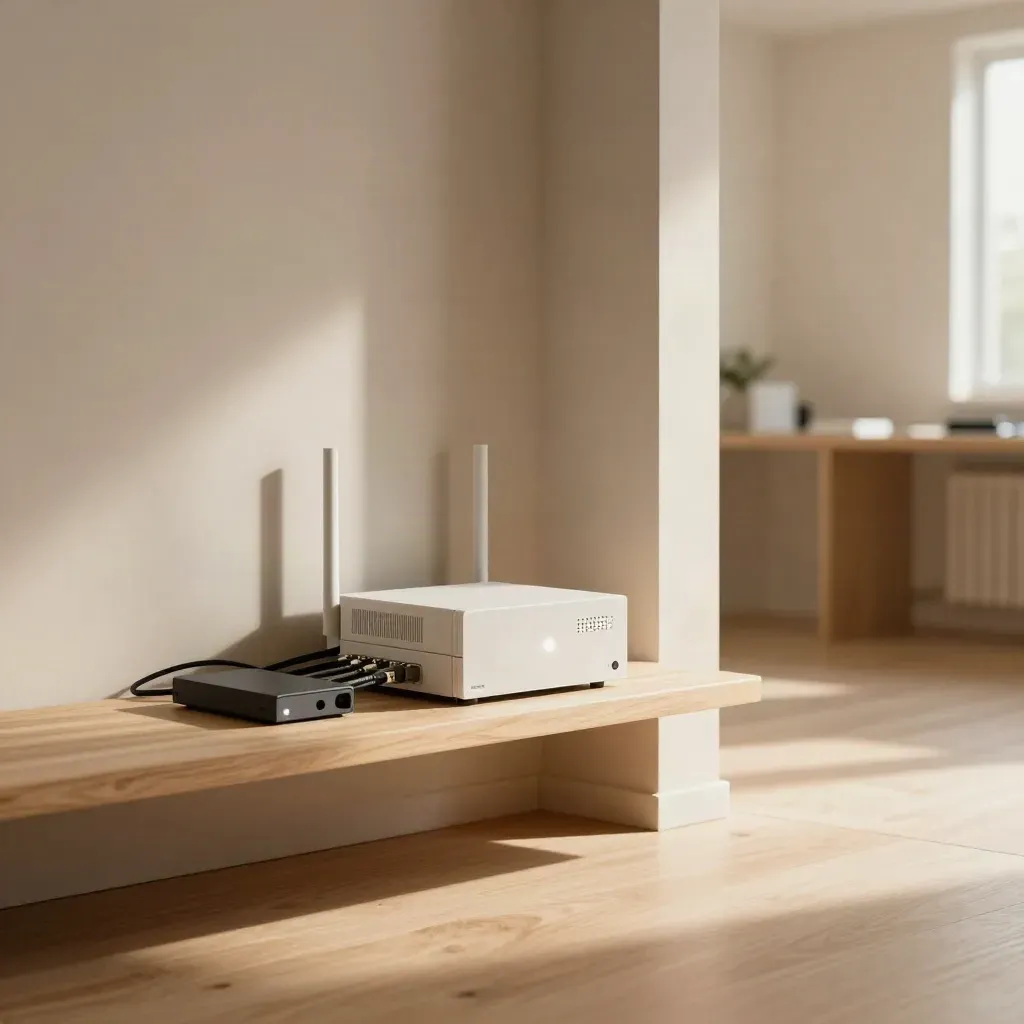 Routerstack en backupdrive op een lichte houten plank in een rustige werkhoek, met warm ochtendlicht.