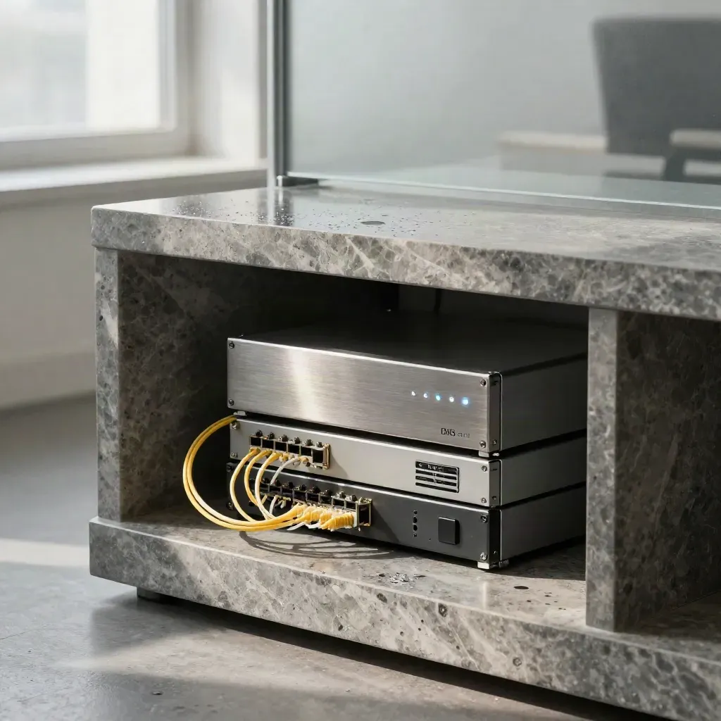 Stone credenza met netwerkapparatuur, backupmodules en zachte regenreflecties in een modern kantoor.