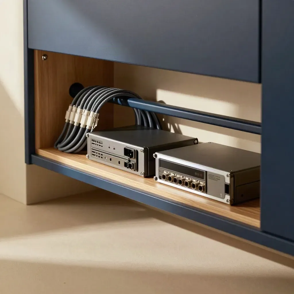 Opgeruimde netwerkcabine met kabelbundels, backupdrives en zacht statuslicht in warm daglicht