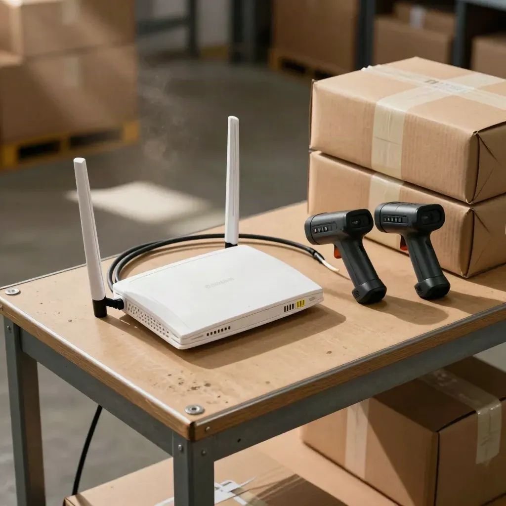 Fulfilmentbench met router, scanners en pakketten in warme magazijnsfeer.