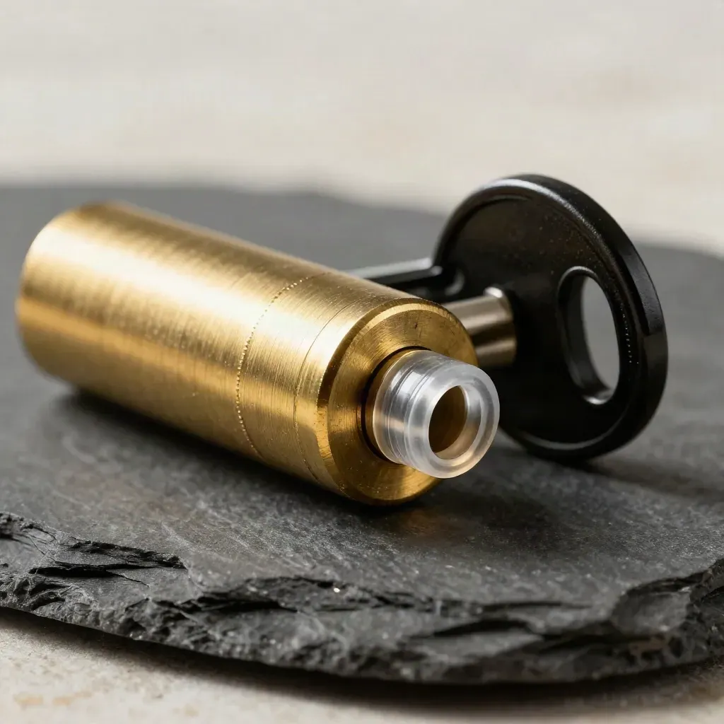 Brass lockcilinder, glasvezelferrule en zwarte sleutel op donkere steen in macrolicht.