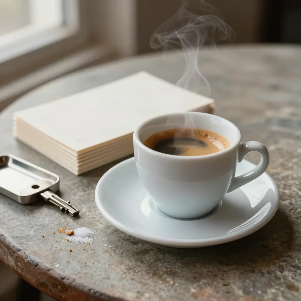 Espressokopje met kaarten en metalen sleutelbak op stenen plaat