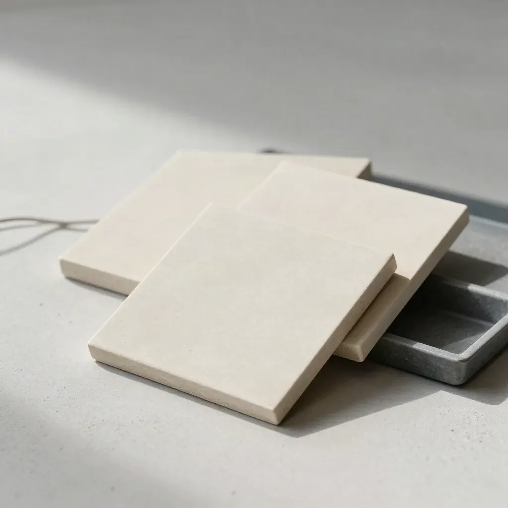 Drie matte tegels, een kabeltie en een sorteerbakje op licht beton in zacht daglicht.