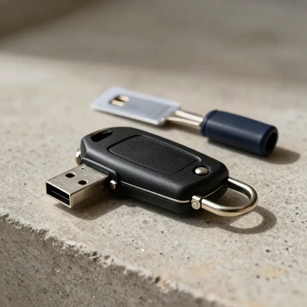USB-sleutel, glasvezelconnector en metalen sluiting op steen voor domeinverhuizing