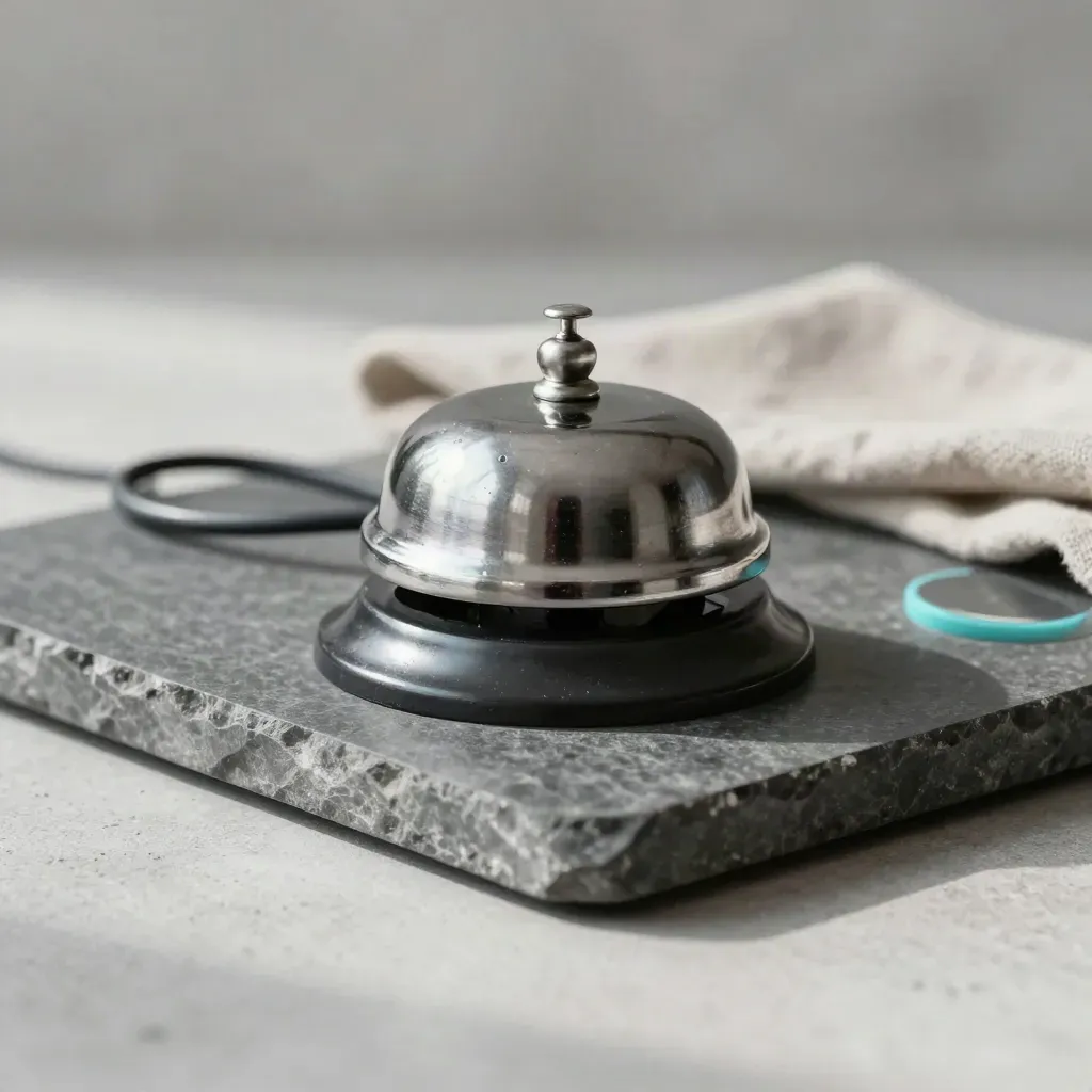 Stenen tray met servicebel, patchkabel en indicatordisc voor doorlopend beheer.