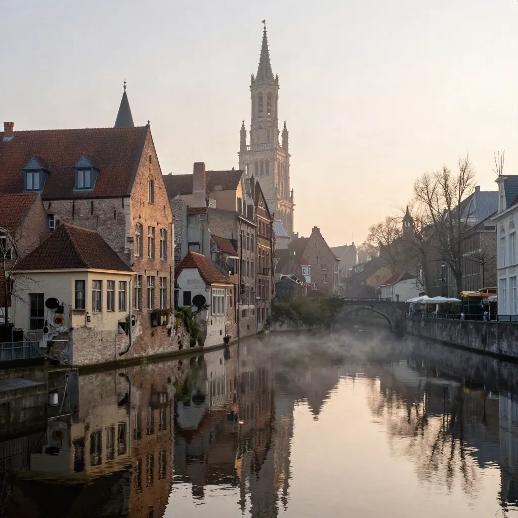 Domtoren en Utrechtse grachten bij zonsopkomst met mist en rustig water