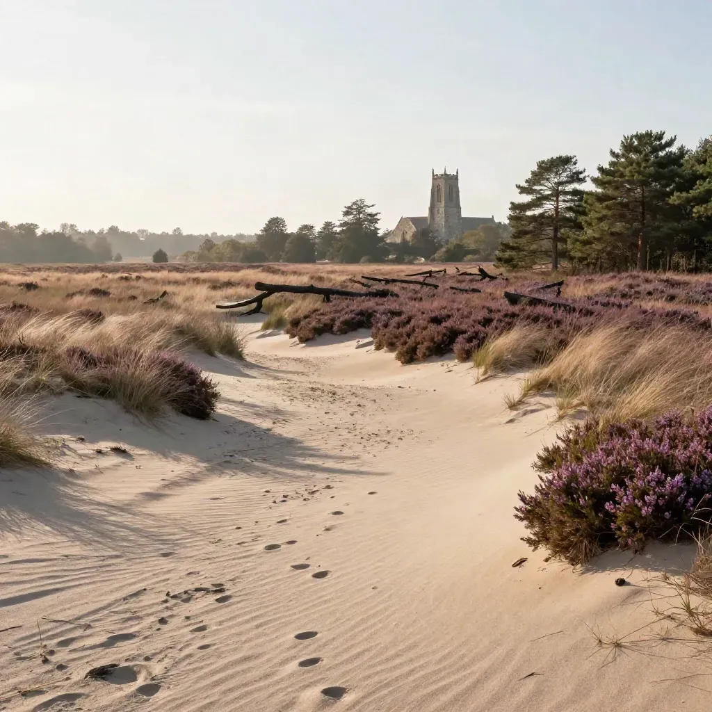 Brabantse heide met verre kerktoren, dennenrand en zacht zand in warm avondlicht.