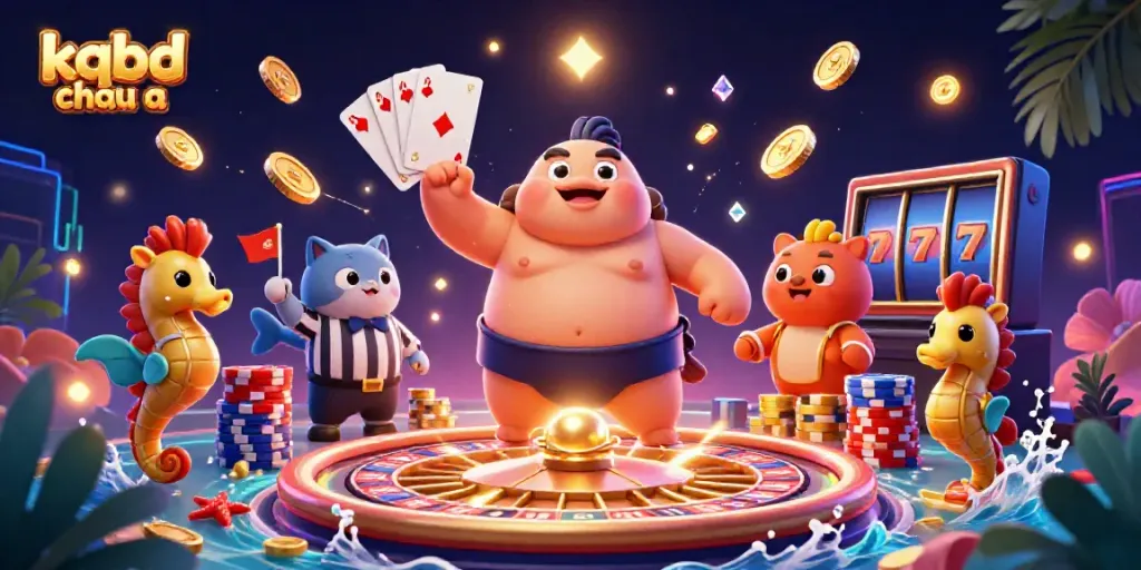 Engage in thrilling gameplay with kqbd chau a featuring dynamic underwater casino scene of a fugu fish and a wise catfish referee.