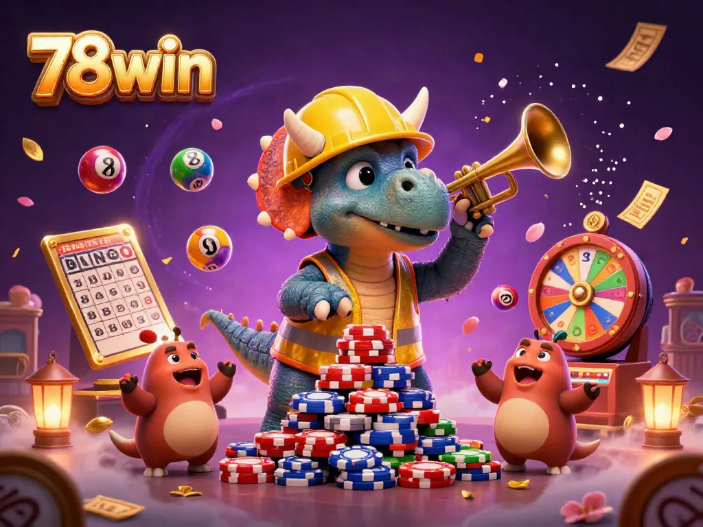 Experience a vibrant 78win casino scene with a triceratops and parasaurolophus celebrating amidst colorful lottery balls and dynamic game elements.