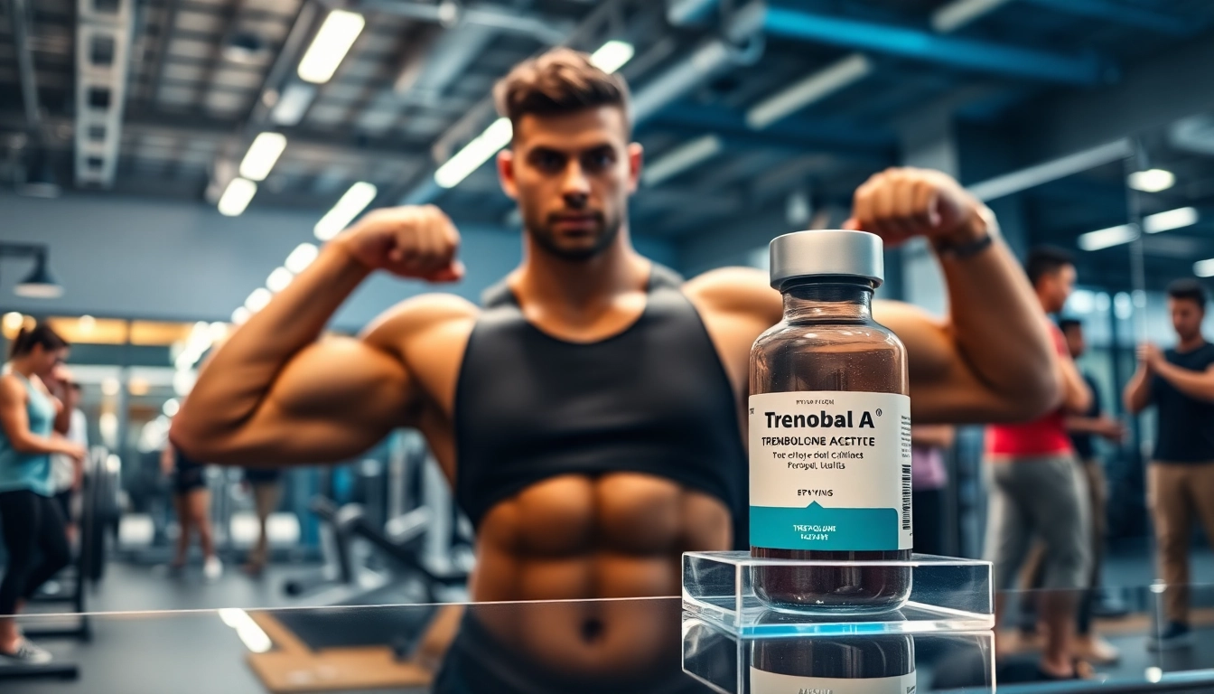 Trenobal-A Trenbolone Acetate showcasing an athlete's strength and focus in a modern gym setting.