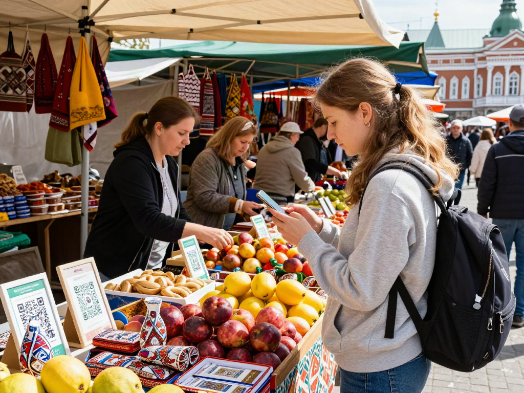 Een toerist maakt een betaling via QR-code in Rusland met https://payinrussia.com/ terwijl ze op een levendige markt met lokale producten is.