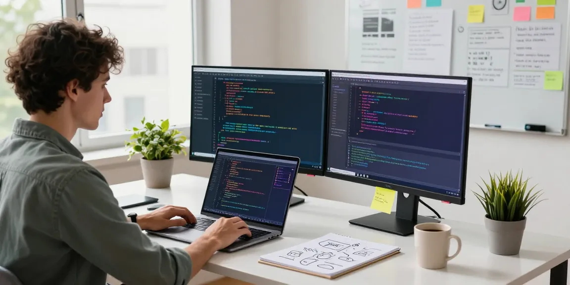 Developer focused on coding to build internal tools with AI in a bright workspace.