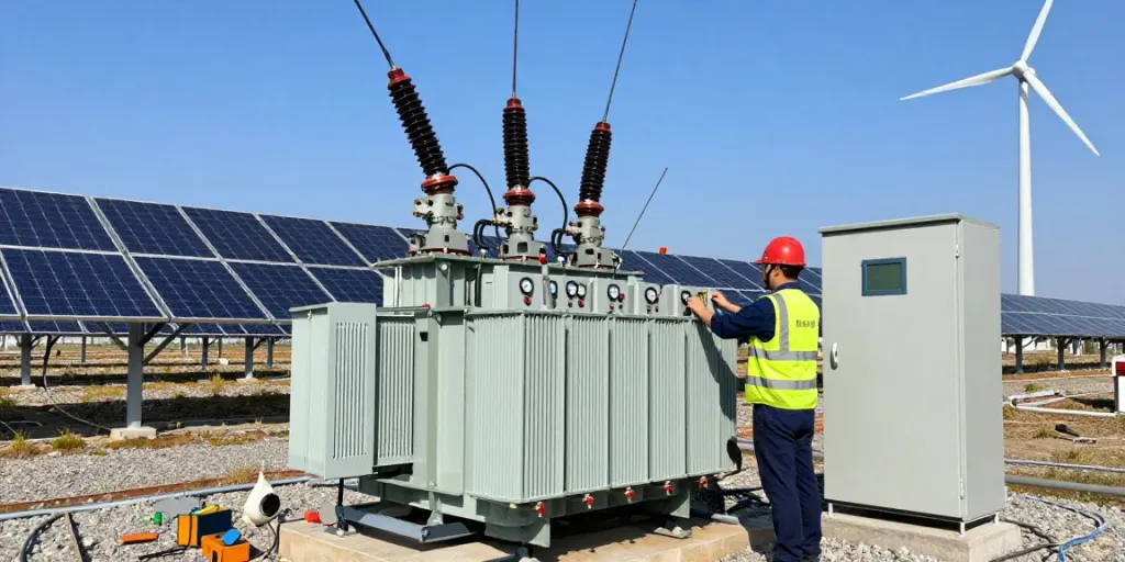 Professionele technicus controleert een medium voltage transformer op een hernieuwbare energie locatie.