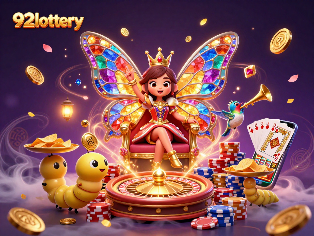 Experience the excitement of 92lottery with vibrant characters and casino elements in a colorful fantasy.