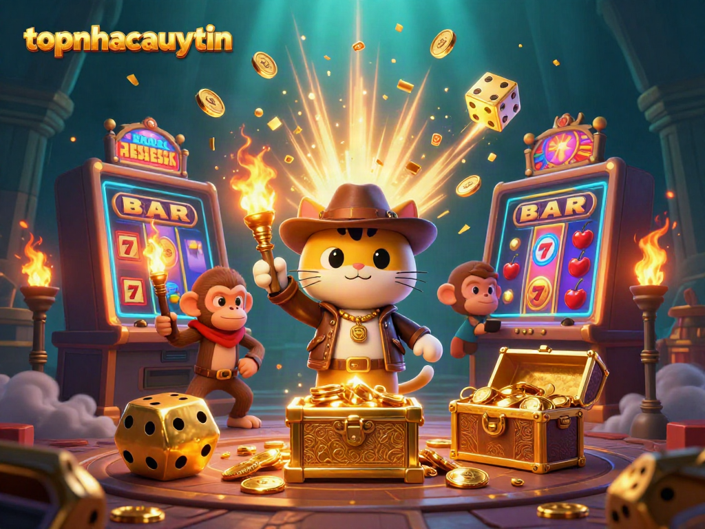 Experience the adventure of winning at topnhacaiuytin with a treasure hunting cat and monkey in a vibrant casino