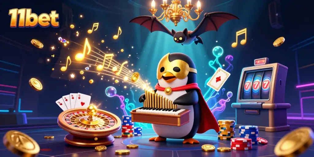 Experience thrilling moments with 11bet in this vibrant casino scene featuring dynamic characters and games.